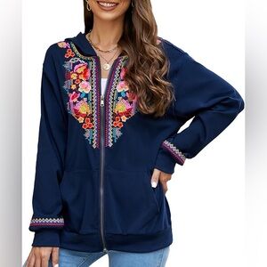 Komili - Embroidered Long Sleeve Zip Up Hoodie with Pocket - blue - L - new